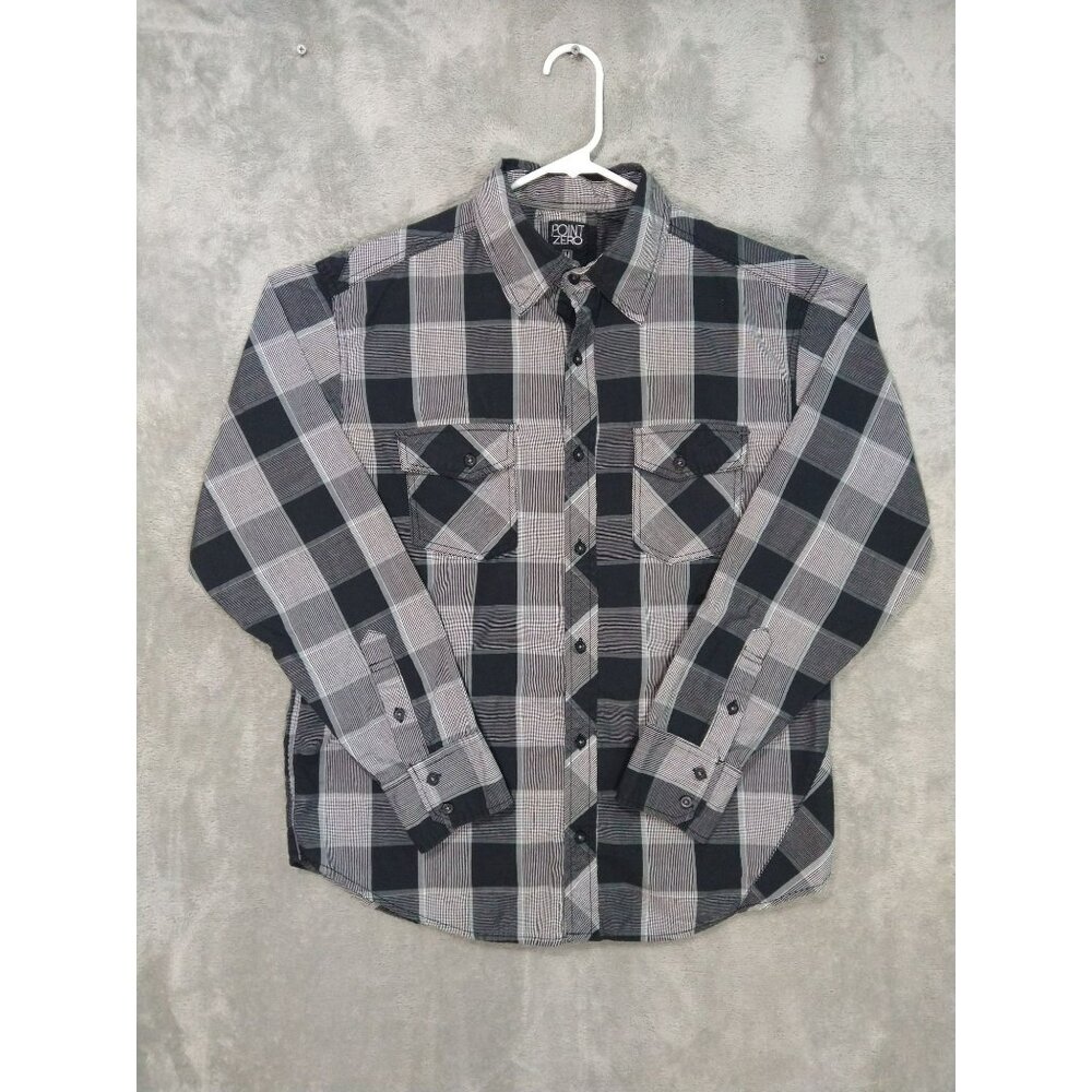 Point Zero Shirt Mens Medium Gray Black Plaid Long Sleeve Button Up Pockets